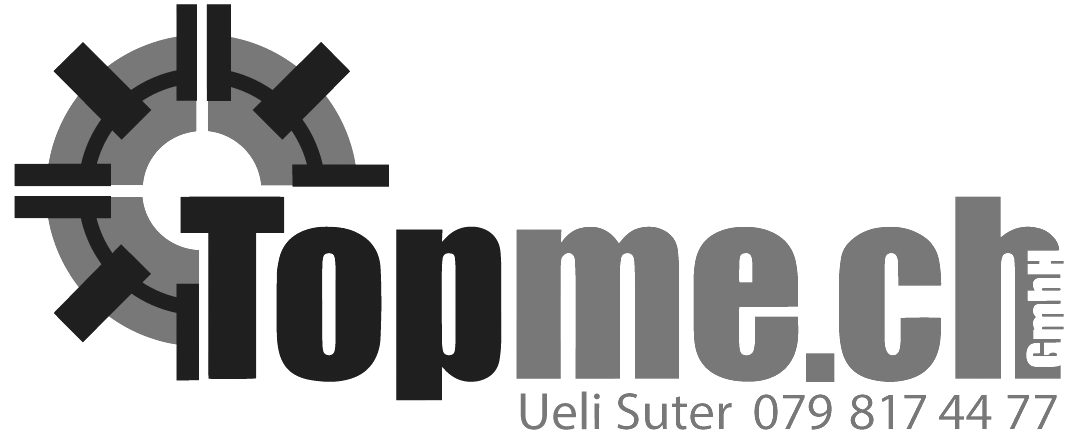 Logo der Topme.ch GmbH mit kreisförmigem Design auf der linken Seite und den Kontaktdaten von Ueli Suter mit Telefonnummer.